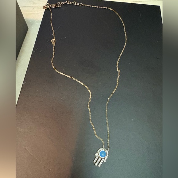 Gold Necklace with Blue Hamsa Pendant - Picture 2 of 5